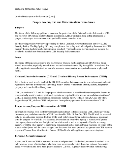 Big Spring ISD CHRI Written Policies and Procedures