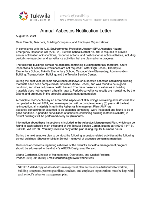 Annual Asbestos Notification - Tukwila School District