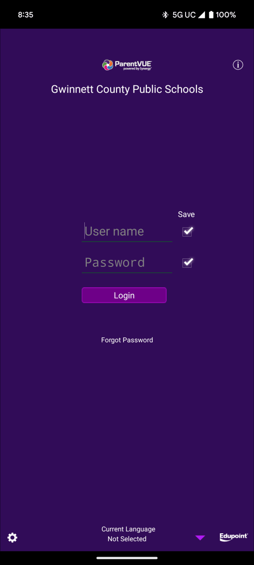 ParentVUE App Login Screen