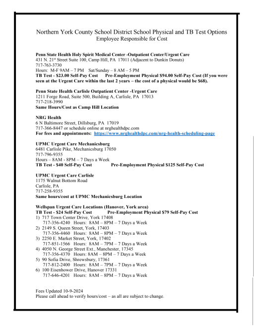 Options for TB Test Locations/Costs - Northern York School District