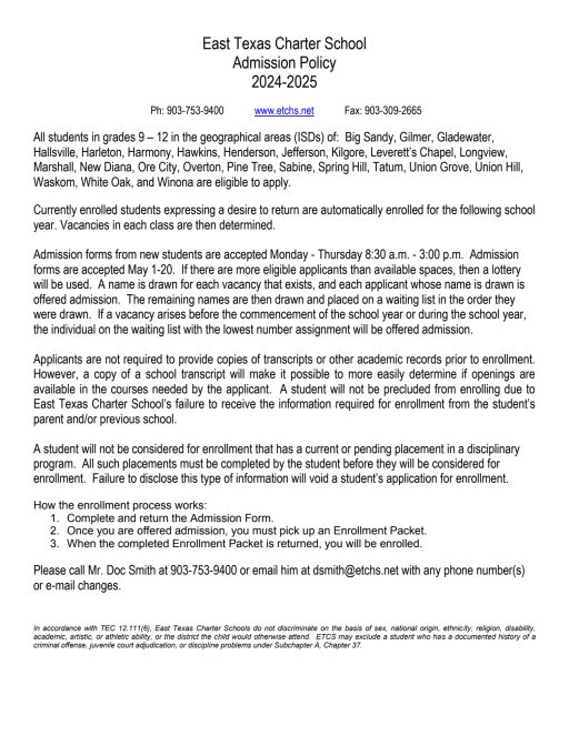Admission Policy - East Texas Charter Schools