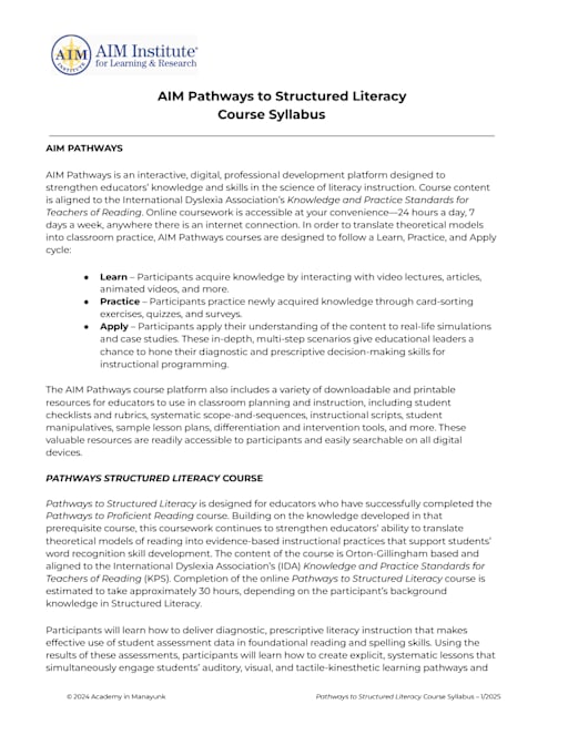 AIM Pathways to Structured Literacy Syllabus - AIM Institute for 