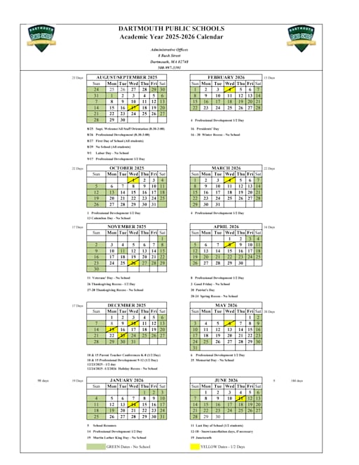 2025-2026 District Calendar - Dartmouth High School