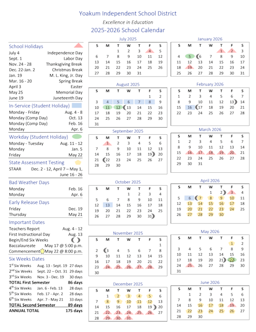2025-2026 Calendar - Yoakum Junior High School