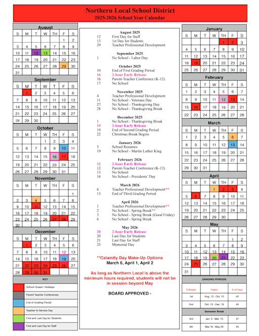 2025-2026 School Calendar - Northern Local School District