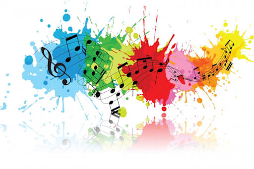 splashes of color and music symbols