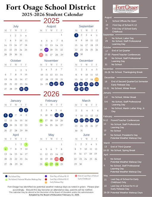2025-2026 Student Calendar - Fort Osage R-I School District