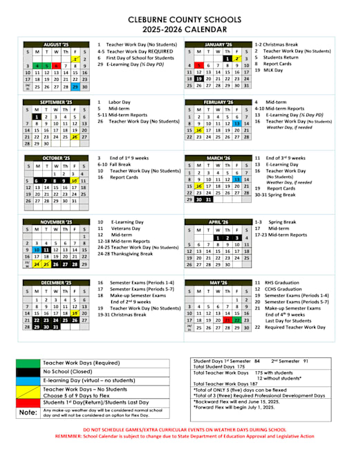 Calendar - Cleburne County Public Schools