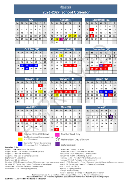District Calendar 2026-27 - Darien Public Schools