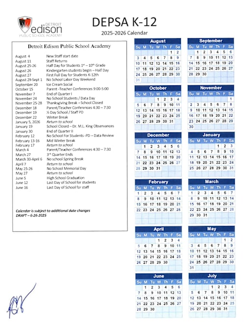 School Calendar - Detroit Edison Public School Academy