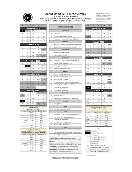Bell Schedule - Academy of Arts and Academics
