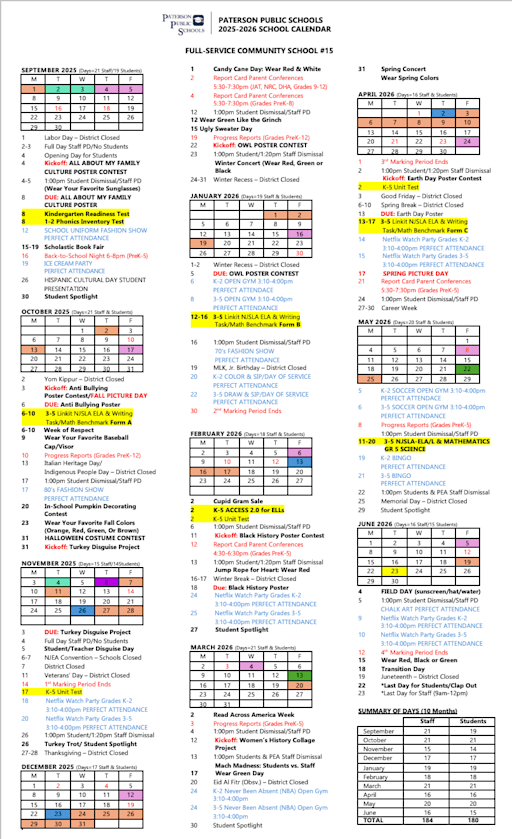 Calendar - Public School No. 15