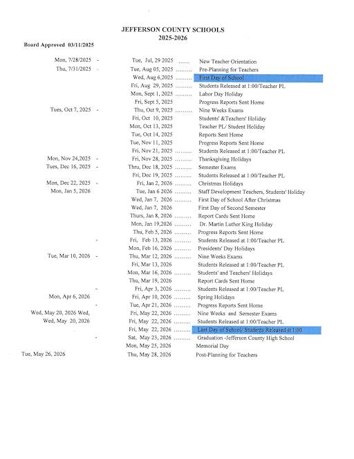 School Calendar - Jefferson County High School