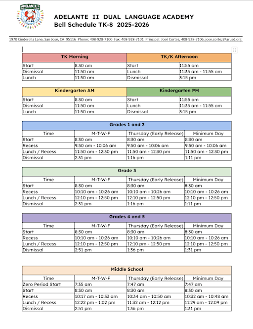 Bell Schedule - Adelante II Academy
