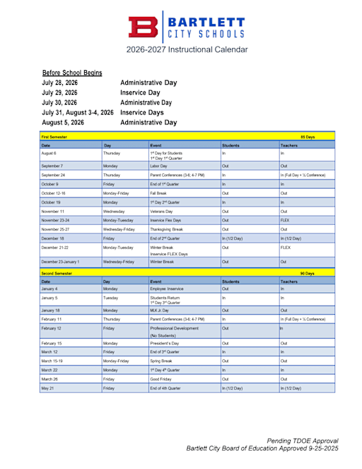 2026-2027 Instructional Calendar - Bartlett Elementary School