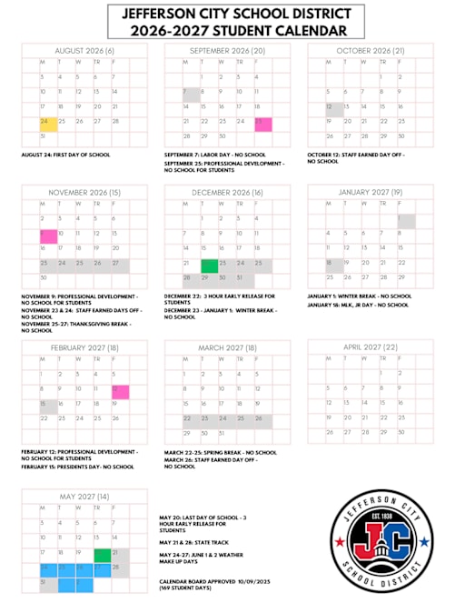 2026-2027 Student Calendar - Jefferson City School District