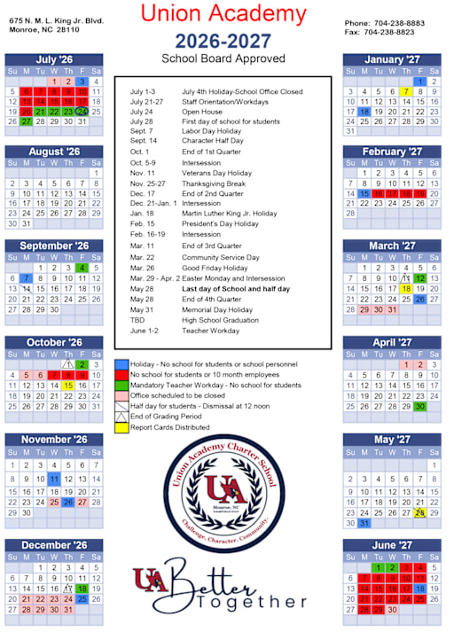 Academic Calendar - Union Academy Charter School