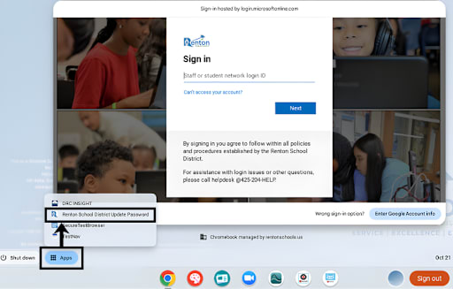 a Chromebook screen with the %22Apps%22 icon circled in the lower left