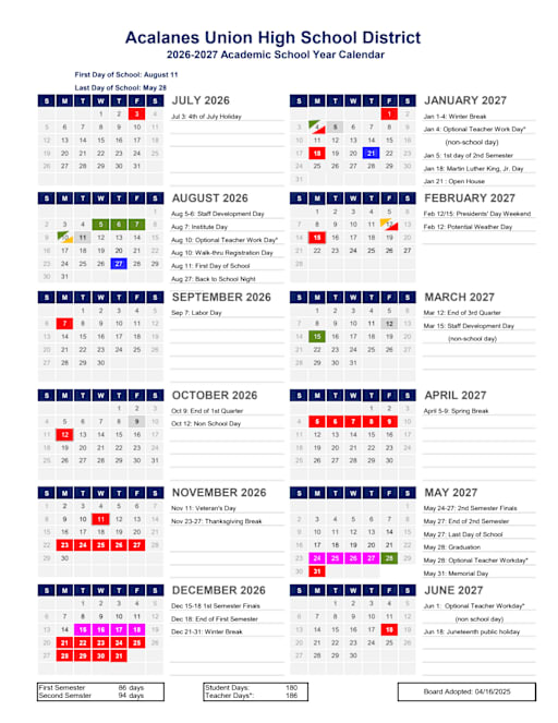 Academic Calendar 2026-2027 - Acalanes Union High