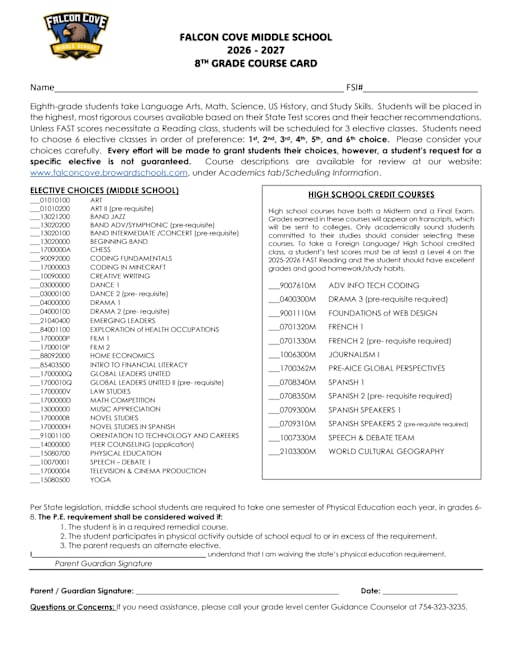 8 Grade Course Card