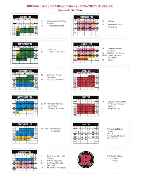 2026-2027 School Calendar - Rittman Exempted Village