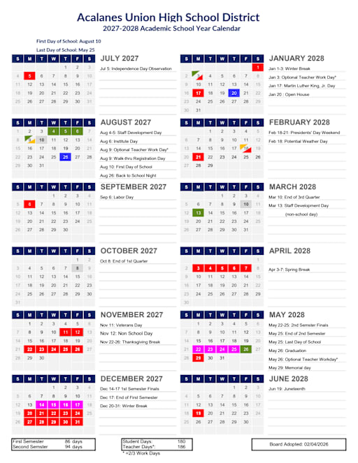 Academic Calendar 2027-2028 - Acalanes Union High