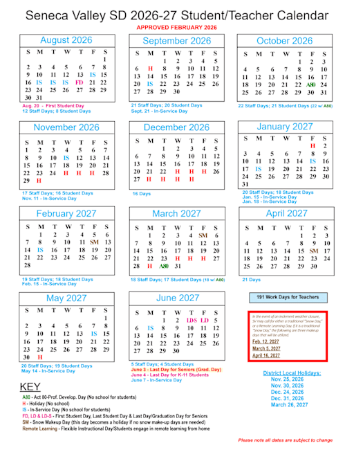 2026-27 SV Calendar (Approved Feb. 9, 2026) - Seneca Valley School District