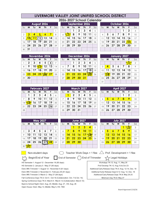 2026-27 Academic School Year Calendar - Livermore Valley ...