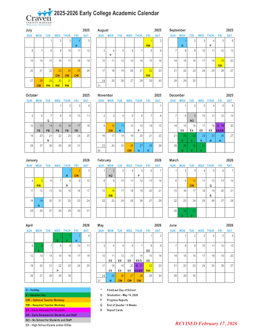2025-2027 Early College Academic Calendar - Craven County School District