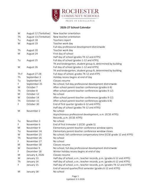 Full District Calendar - Rochester Community School District