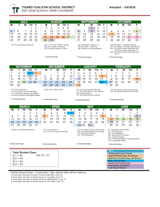 2027 - 2028 District School Year Calendar - Tigard-Tualatin School District 23J