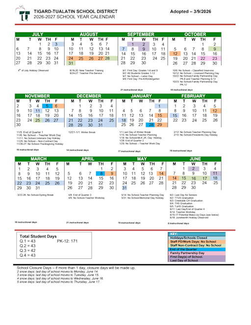 2026 - 2027 District School Year Calendar - Tigard-Tualatin ...