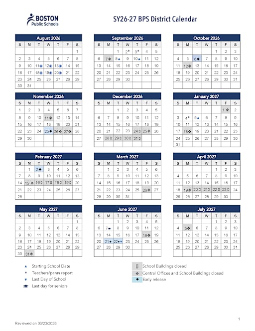 Boston Public Schools District Calendar