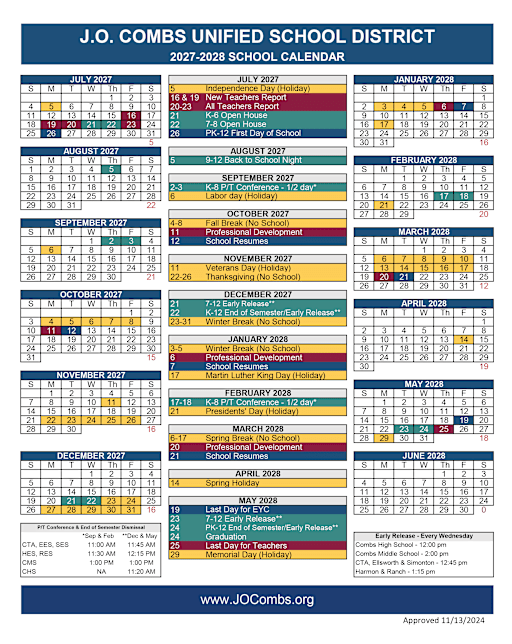 2027-2028 School Calendar - J.O. Combs Unified School District