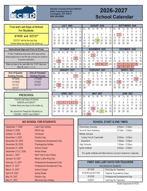 Calendar - Fort Wright Elementary School