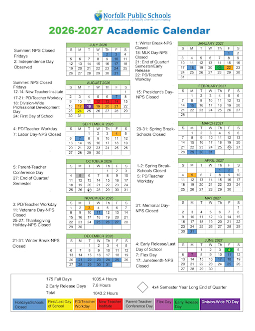 2026-2027 Academic Calendar - Norfolk Public Schools
