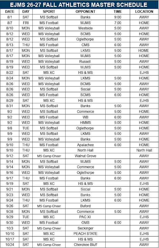 EJMS fall sports schedule