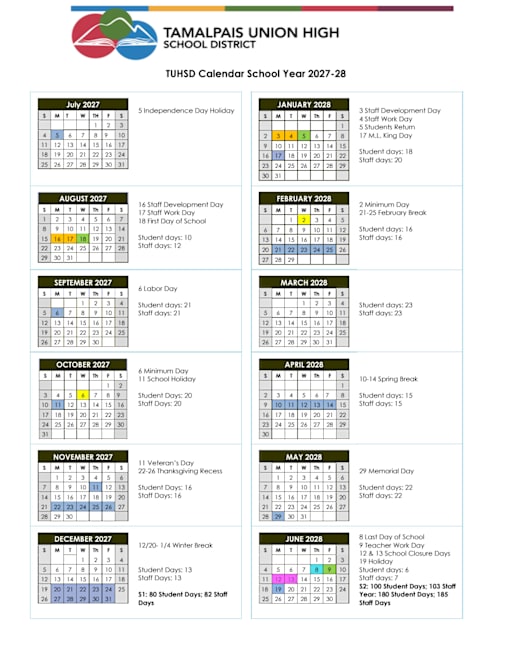 2027-28 School Year Calendar - Tamalpais Union High School District