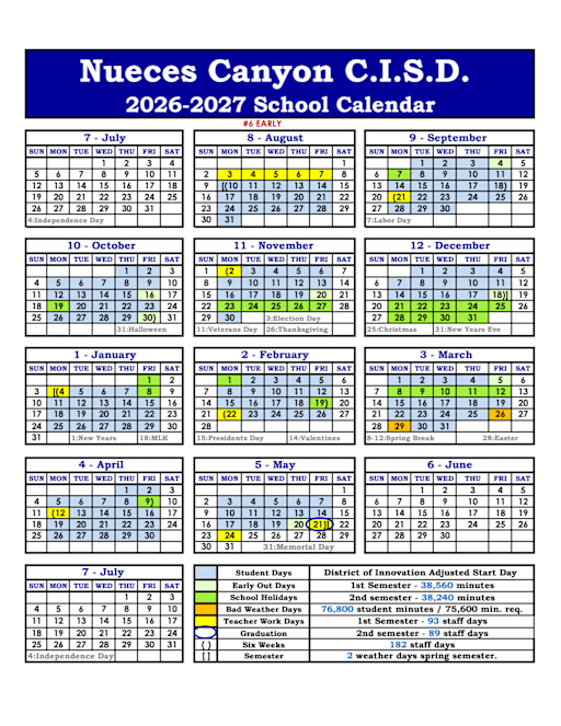 Calendar of NCCISD School Year - Nueces Canyon Consolidated Independent School District
