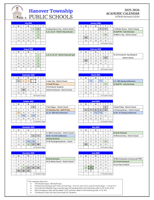 District Calendars - Hanover Township Public Schools