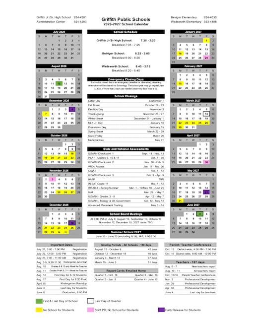 Calendar - Griffith Public Schools