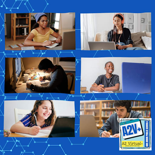 Images of diverse students working on computers with A2V logo