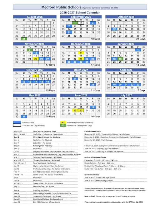 2026-27 MPS School Calendar - Medford Public Schools