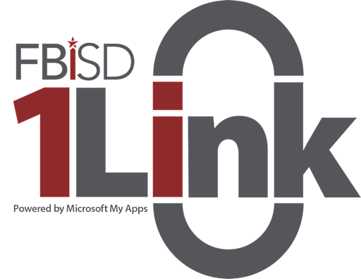 FBISD branded graphic for “1Link,” featuring large stylized text with “FBISD” above “1Link.” The numeral “1” is in red, while the letters are in gray and red. A large gray padlock shape is integrated into the design, symbolizing secure access. Smaller text at the bottom reads “Powered by Microsoft My Apps.”