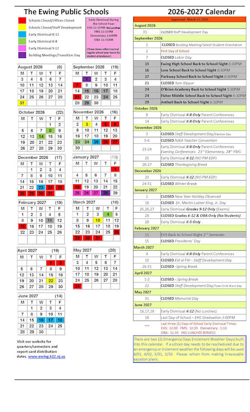 District Calendar - Ewing Township Board of Education