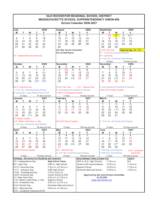 Calendar - Old Rochester Regional School District