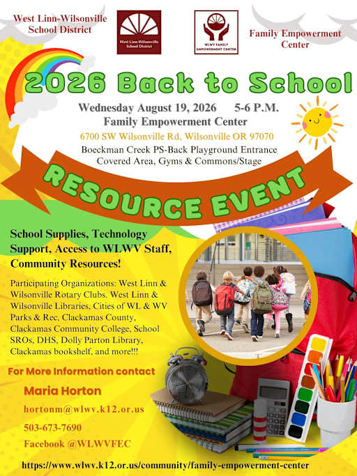 Flyer in English highlighting the Family Empowerment Center's Back To School Resource Event