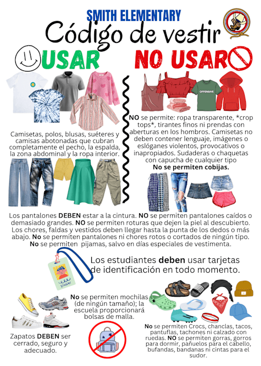 dress code in spanish 2026-2027 Smith Elem Option:400/CS | Size : 1 3/4