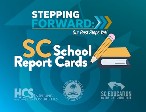 Text reading %22STEPPING FORWARD: SC School Report Cards%22 is featured in the foreground alongside a pencil and book, set against a blue geometric background with organizational logos at the bottom.