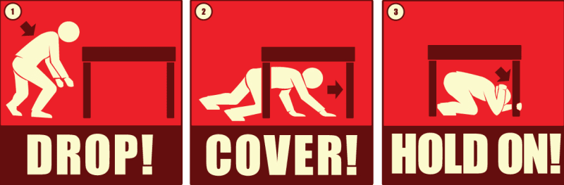 Graphic showing person dropping, crawling under a table and covering their head during an earthquake